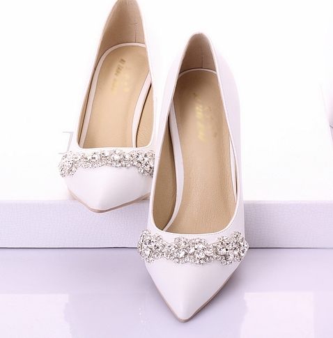 春季新款簡約白色婚鞋高跟淺口新娘鞋鑲水鑽拍婚紗照禮服鞋女單鞋 :6661210024