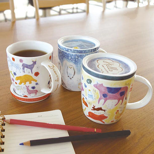 手繪幸福感 日本進口 色鉛筆手繪風馬克杯 附蓋子 Sloth Woo 禮盒 送禮小物 貓頭鷹 牧場 (三款)