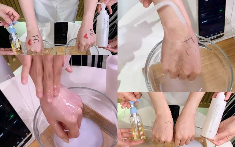 拿FANCL的MCO速淨卸粧液跟專櫃很火紅的他牌卸妝油比一比，先在手上各塗抹眼線、口紅，接著擠上卸妝油後直接用水沖拭，會發現FANCL的MCO速淨卸粧液，卸妝效果很驚人！(圖／吳雅鈴攝影)