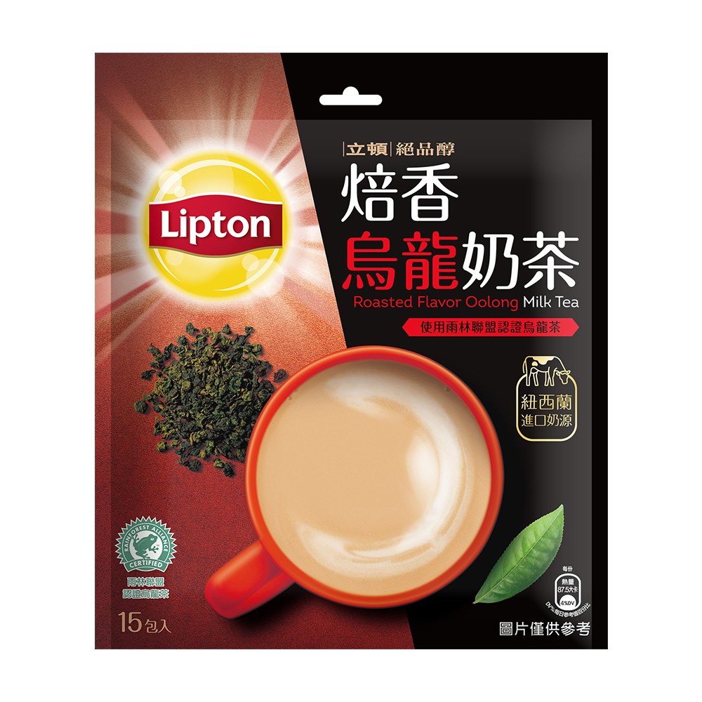 商品介紹:蘊含厚實焙火茶香，帶來奶茶多層次的濃郁口感。 添加雨林聯盟認證烏龍茶粉，茶香再升級。 紐西蘭進口奶源和烏龍茶調出完美滋味。 創意配對驚喜內包裝，快找朋友一起喝茶吧！款式: 立頓絕品醇奶茶_焙