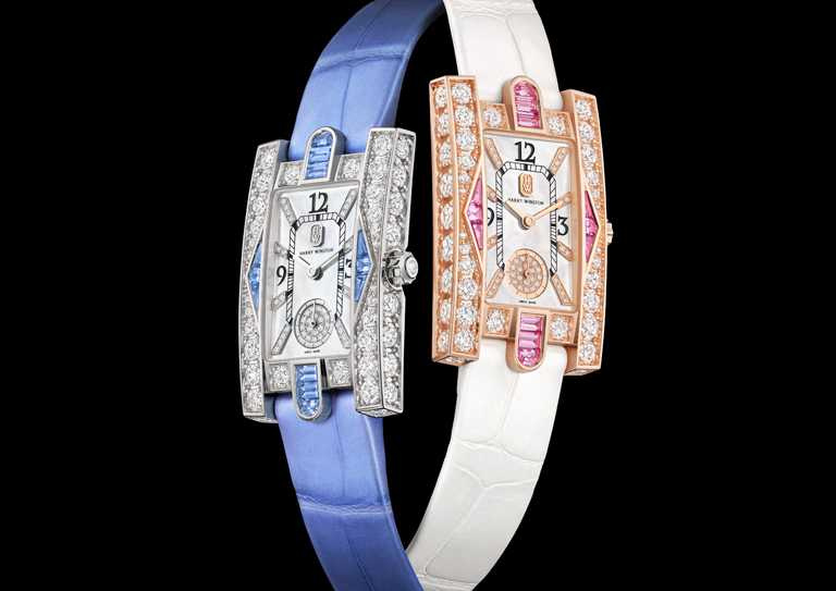 HARRY WINSTON「Avenue Classic第五大道」系列「Aurora」腕錶，（左）18K白金藍寶石款╱1,680,000元；（右）玫瑰金粉紅剛玉款╱1,640,000元。（圖╱HARRY WINSTON提供）