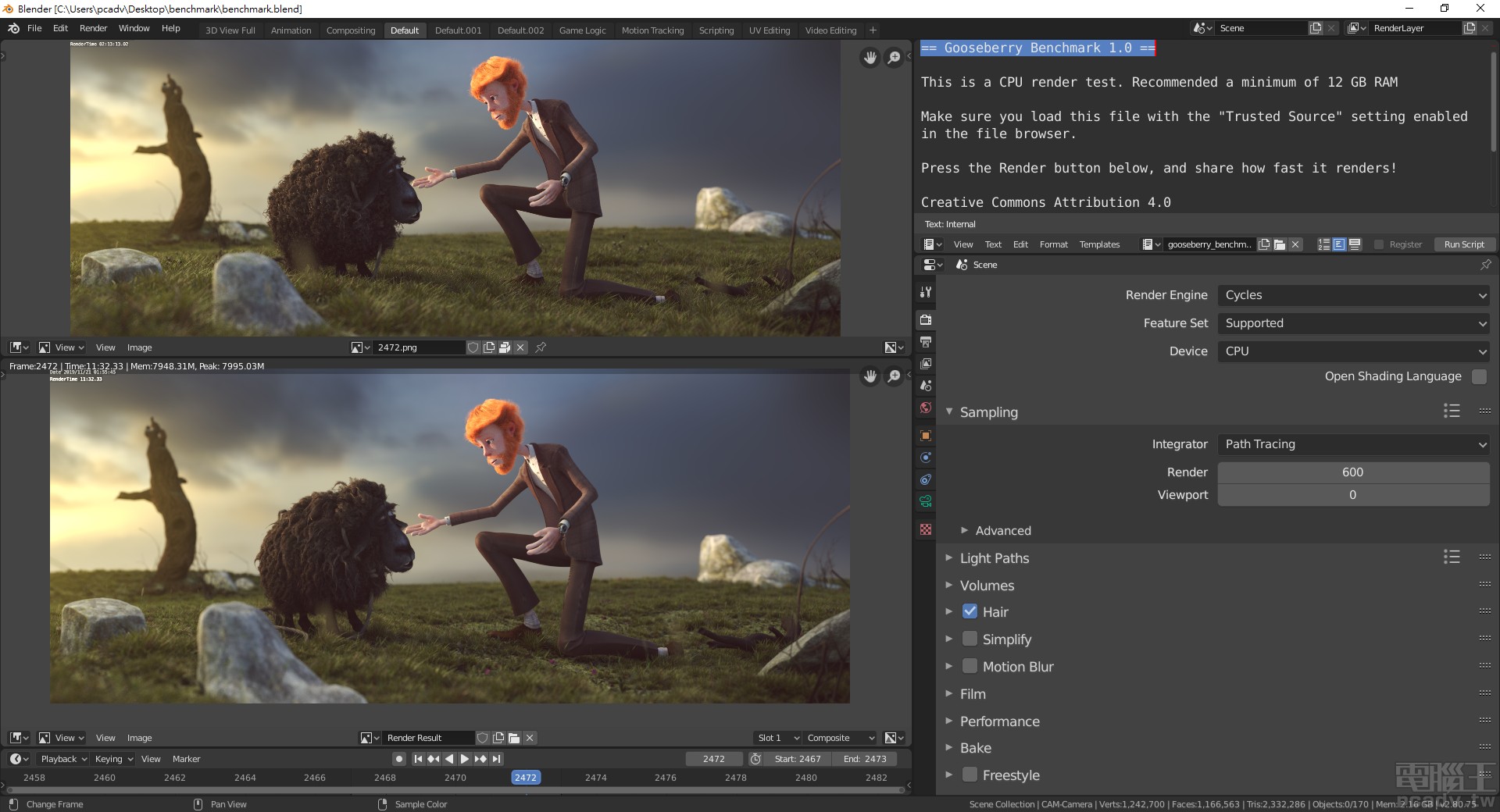 HEDT 平台必備的 3D 場景渲染測試，筆者選用 Blender Benchmark 場景，Corei9-10980XE 單張畫面的渲染時間為 11 分 32 秒左右。（點圖放大）