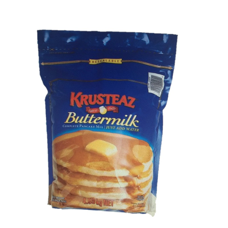 簡單步驟即可製作鬆軟可口的鬆餅本產品並未添加含鋁膨鬆劑可依個人口味搭配蜂蜜、奶油、果醬、楓糖漿商品規格品名 KRUSTEAZ 鬆餅粉 4.53公斤商品重量 4.53公斤成分 營養麵粉(麵粉,菸鹼酸,還
