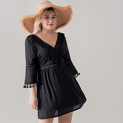 AIR SPACE PLUS 流蘇設計V領雪紡洋裝(黑)