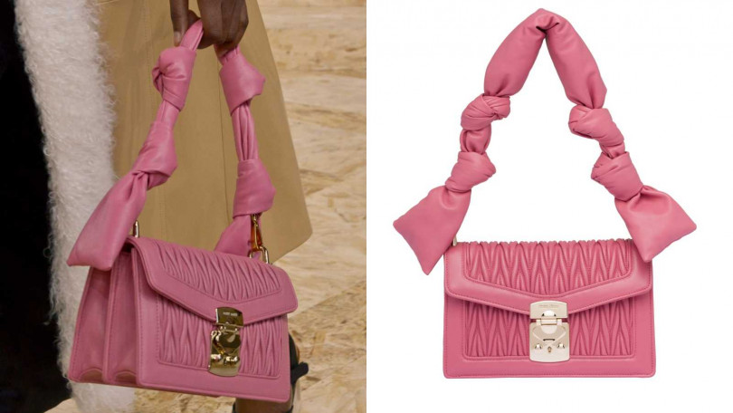 以皮革寬帶打上幾個結讓Matelassé更有層次。MIU MIU皮革繩結Matelassé包／價格未定（圖／品牌提供）