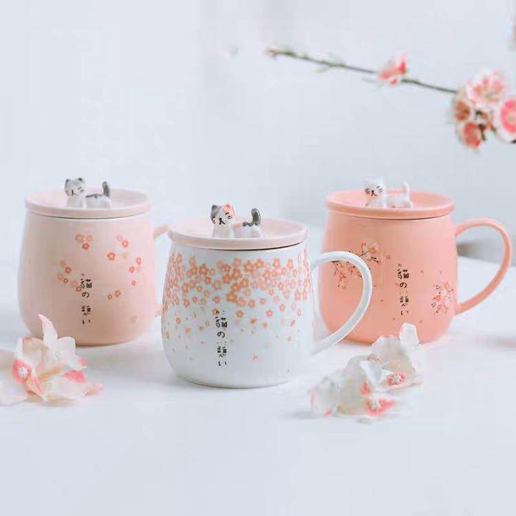 日式櫻花貓馬克杯網紅ins學生貓爪杯少女心帶蓋陶瓷杯牛奶咖啡杯