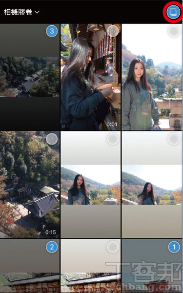 5.此外，一次發表多則貼文的方法也很簡單，同樣在新增限時動態頁面、上滑相機膠卷處，點擊右方的「選取多張」圖示，接者便可點選多張照片、影片。