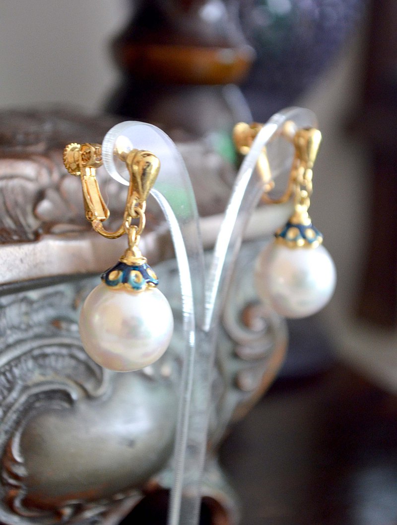 貴族鍍金水鑽大珍珠耳夾 貴婦淑女 日本高級二手古著珠寶首飾 高貴優雅復古造型