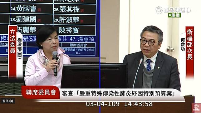 國民黨立委楊瓊瓔質詢衛福部次長何啟功大眾運輸是否要戴口罩。（圖／翻攝自國會頻道 youtube頻道)