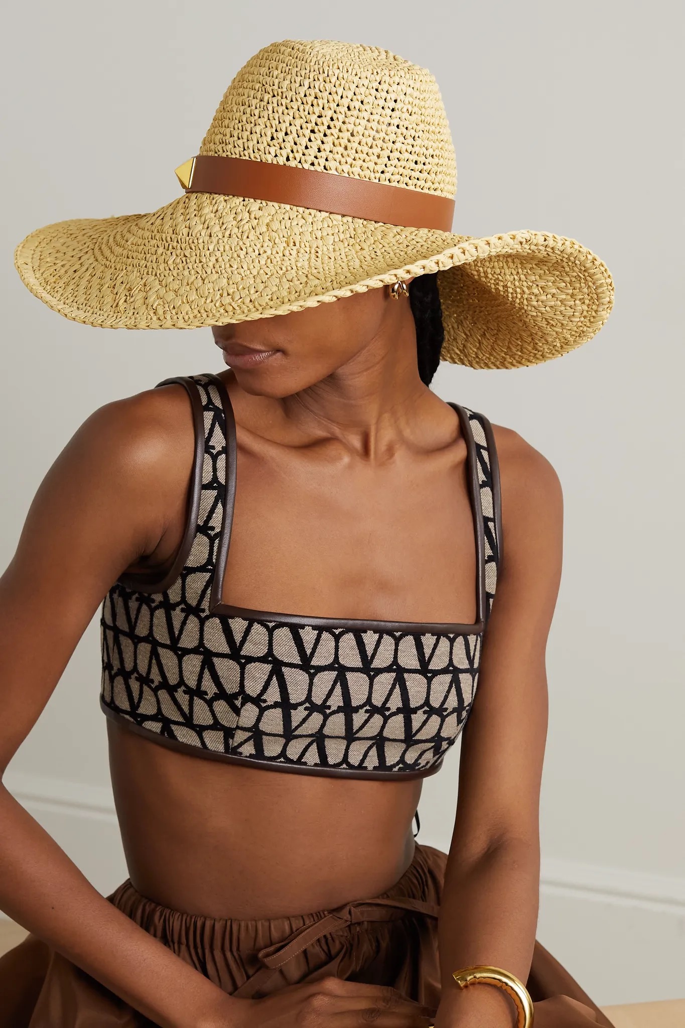 Valentino Garavani Roman Stud leather-trimmed straw fedora