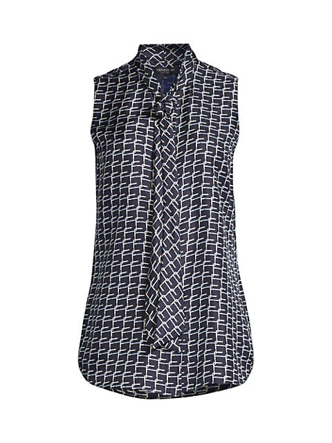 With a modern geo print, this tie-neck blouse goes well with suits and makes for great pattern play.