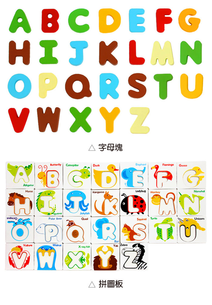 認知學習好幫手 生動的認知字母卡由26個字母和卡片組成有卡通的動物造型和書寫對照圖案是寶寶學習的好幫手 共26個英文字母每個字母都有對應的拼圖板可以對應拼上 自然觀察學習 語言智能 身體動覺智能