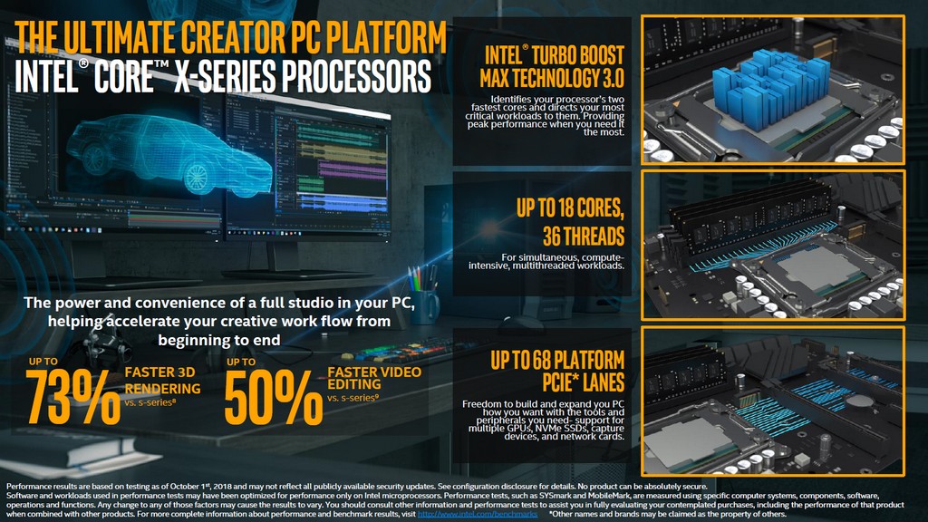 Core i9-9980XE 相對於 Core i9-9900K，Blender 3D 渲染繪圖速度提升 73％，Adobe Premiere Pro 影片編輯速度提升 50％