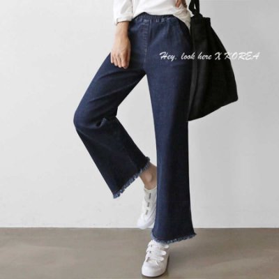 Hey, look here 正韓 精選平價款 簡約單寧原色鬆緊腰顯瘦褲管抓鬚造型直筒牛仔寬褲