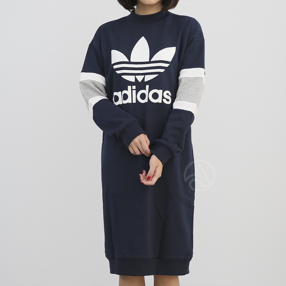 特賣 adidas Originals Logo Dress 女款 長版 深藍色 針織 洋裝 三葉草 CG1562