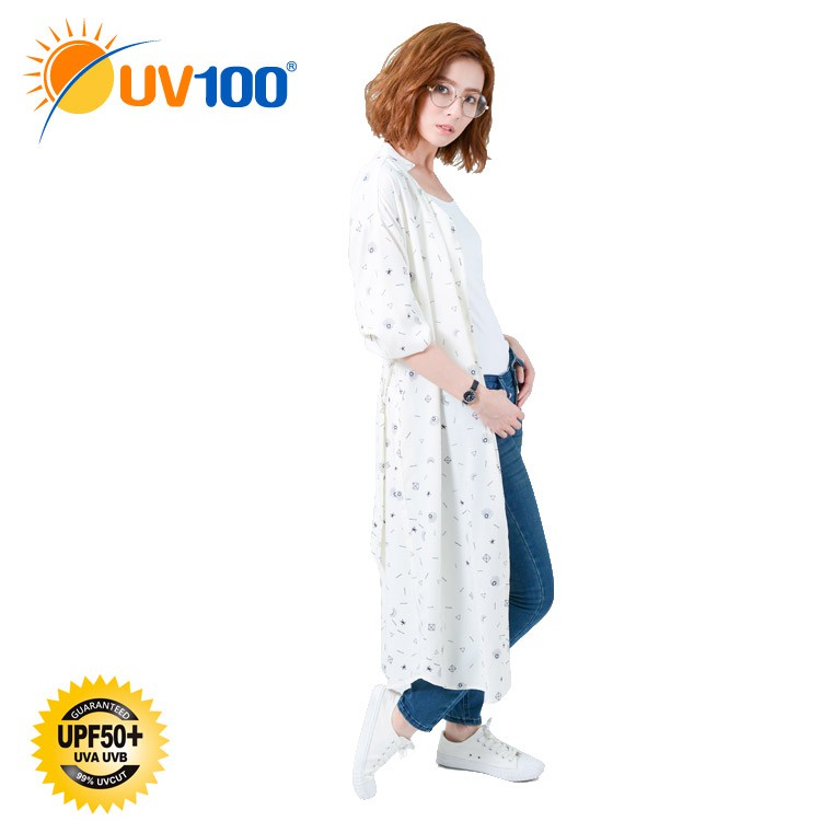 UV100 防曬 抗UV-涼感印花綁帶長版襯衫洋裝-女 - 天使白【BD91052】