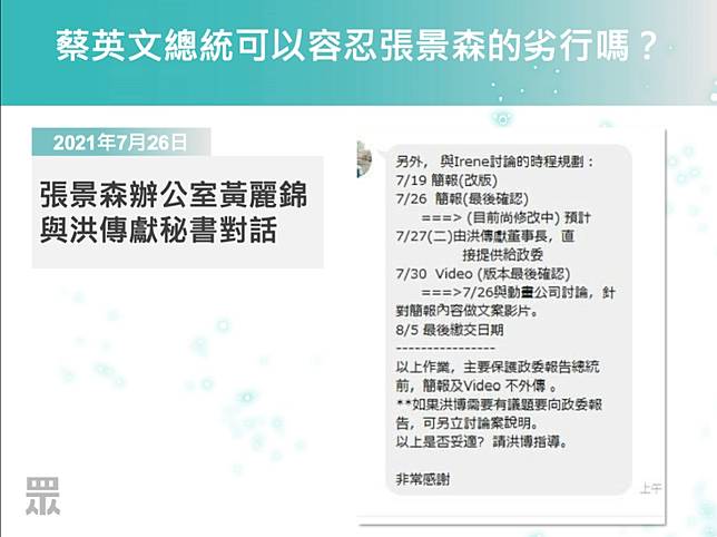 <span>黃國昌出示2021年7月26日張景森辦公室特助黃麗錦與聯合再生董事長洪傳獻秘書之訊息對話，清楚呈現蔡英文指派之報告，正是聯合再生所製作。<span style=