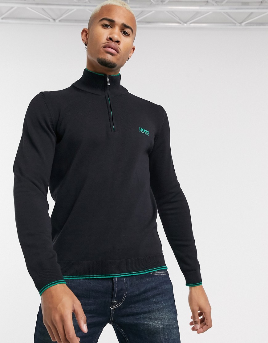 Jumper by BOSS A fresh addition Funnel neck Half-zip opening Small logo Regular fit True to size