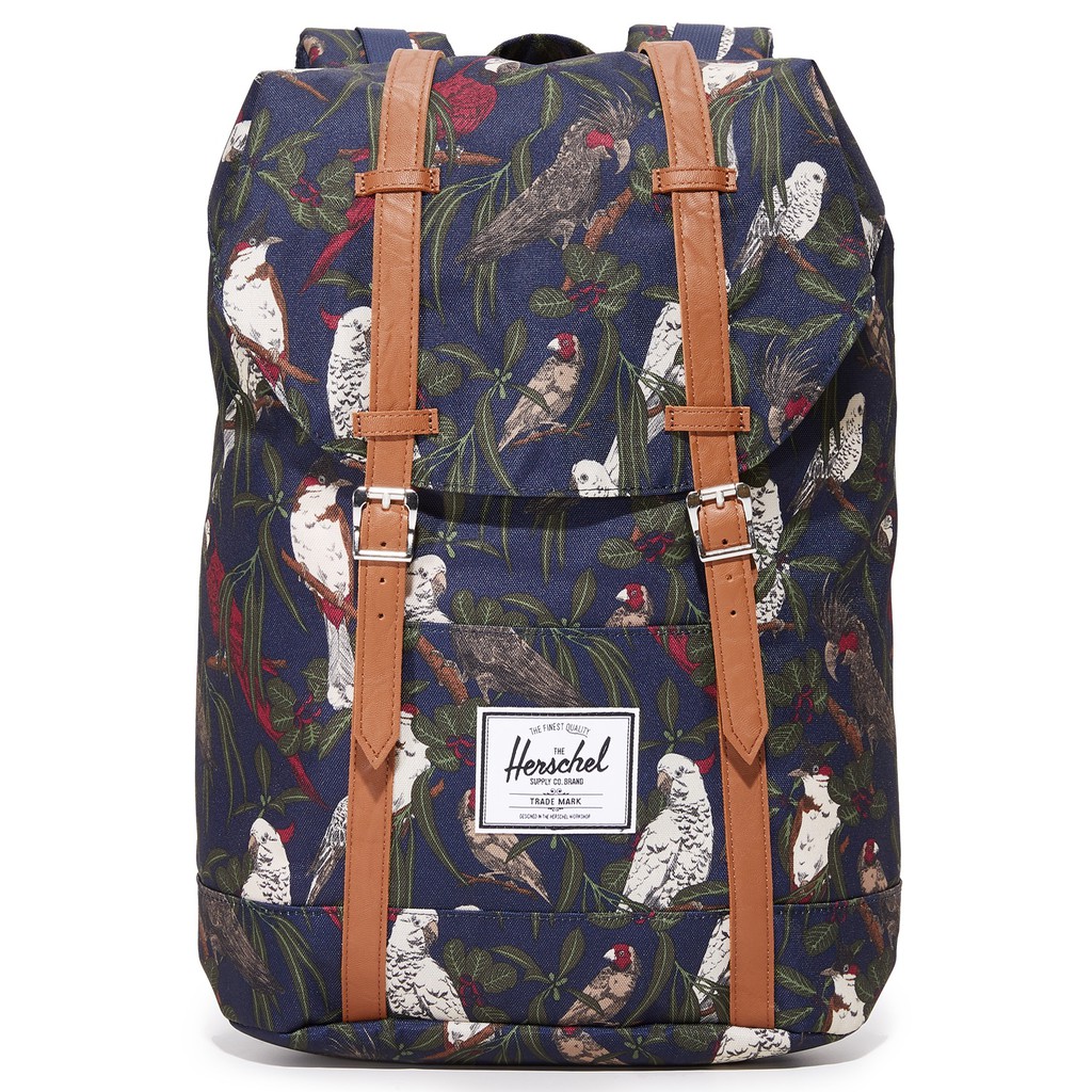 Herschel Retreat 大型 深藍 鳥類圖騰 皮革帶 帆布 磁扣 耳機孔 厚筆電層 後背包 [現貨]