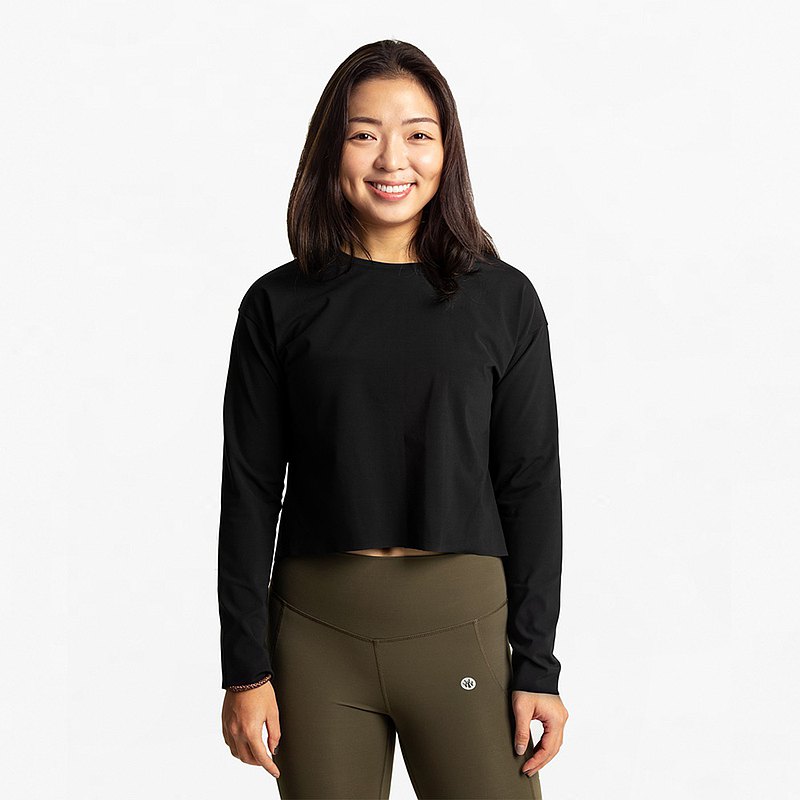 突破的信念 短版長袖運動上衣・布萊克黑