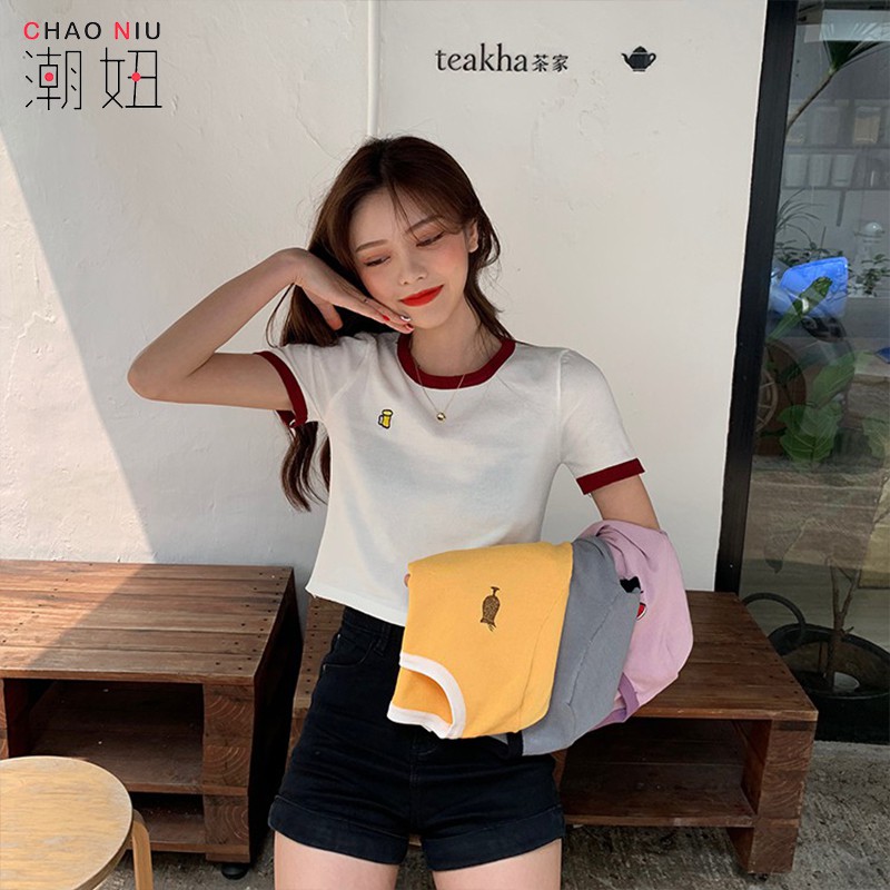 [新品搶鮮] 修身撞色圓領簡約針織短款上衣 露肚臍 學院風 短袖T恤 短版上衣 素色 閨蜜裝 正韓上衣 女生衣著 潮妞必