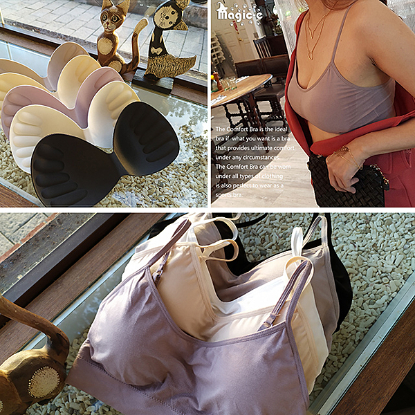 牛奶絲纖維，絲滑柔軟貼身，輕盈零著肌，親膚透氣、易洗滌。 附專用親膚一字形胸墊，親膚柔軟不位移。