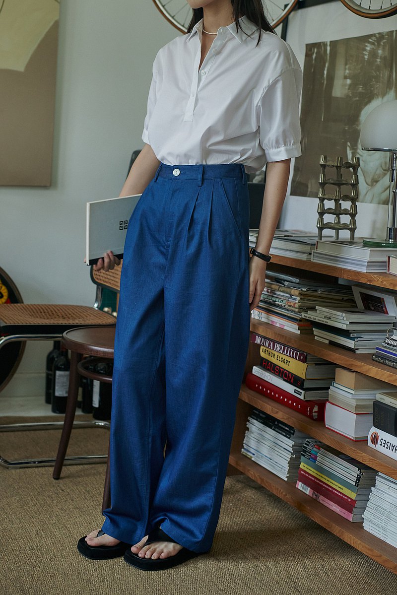 復古寬松直筒克萊因藍靛藍闊腿牛仔褲