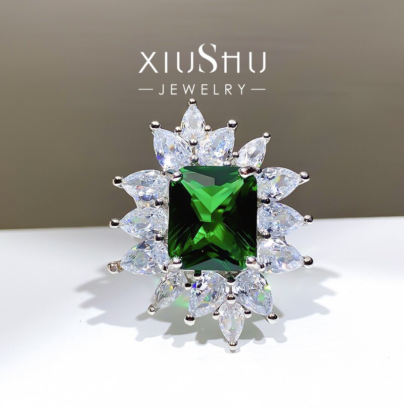 歐美戒指高級感女奢華仿真祖母綠戒指紅寶藍寶鍍金食指大款