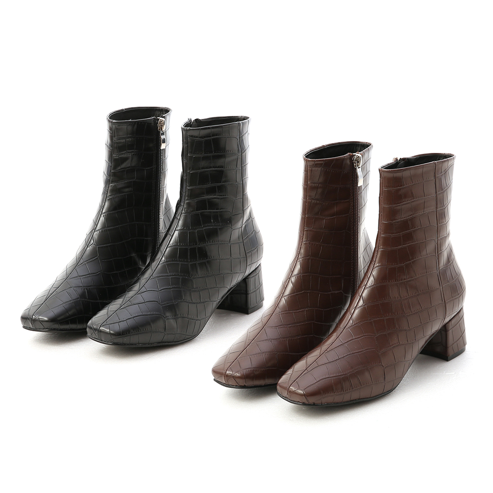 D+AF質感壓紋方頭中跟短靴 短靴