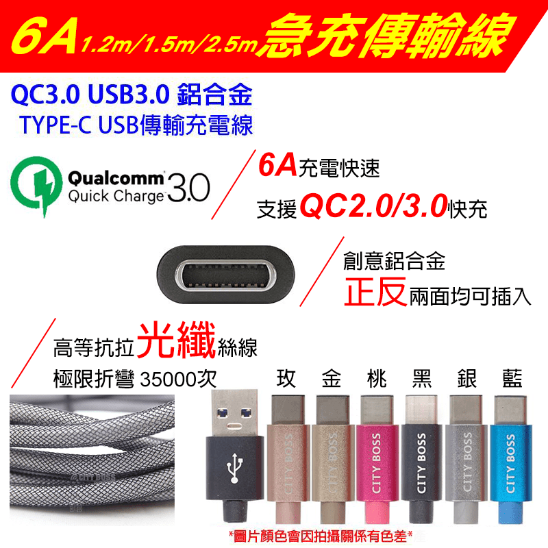 CITTY BOSS 6A加長Type-C傳輸充電線，高傳導純銅線/高光鋁合金外殼，支援數據傳輸。線身為高強度光纖絲線，不分正反兩面均可插入，支援3.1~6A高速充電。超多色任選~為你的數位生活添加色