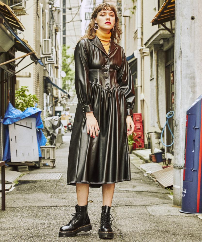 亮面皮質明線收腰洋裝