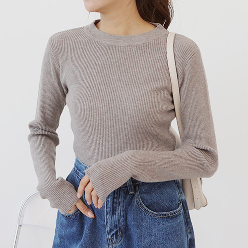 燕麥餅乾合身彈性坑條針織上衣