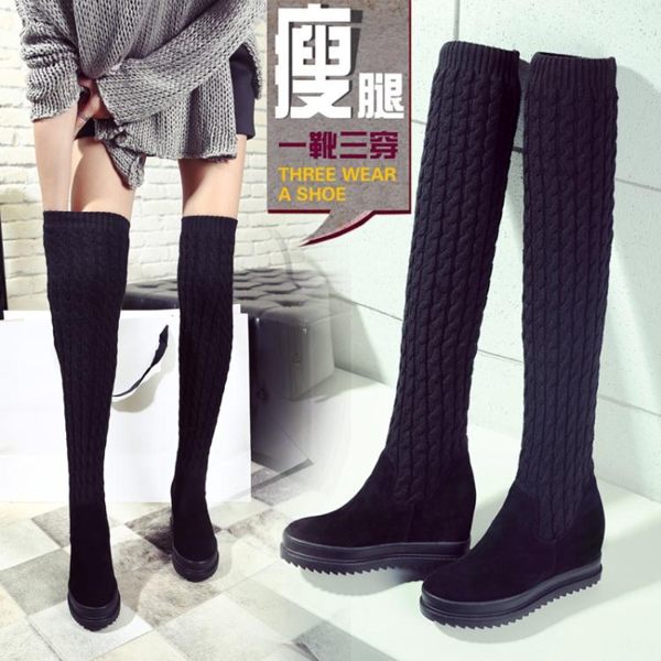 好康推薦過膝長靴女冬款平底內增高真皮顯瘦毛線高筒彈力中大尺碼女靴