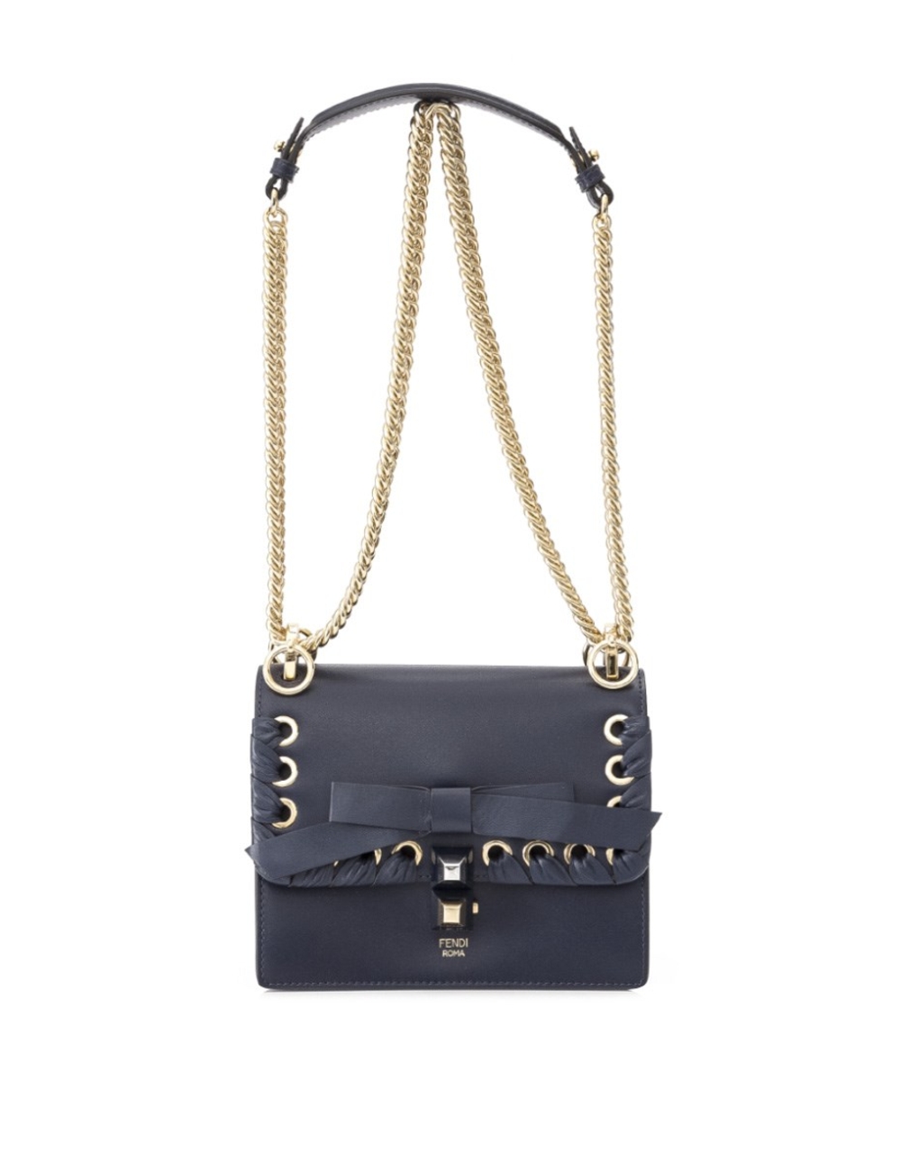 Exterior - Calfskin leather - Gold tone hardware - Chain shoulder strap - Push lock closure - Plexig