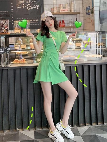 短袖洋裝減齡運動風抽繩綠色短袖T恤連身裙夏季2019新款修身少女不規則裙
