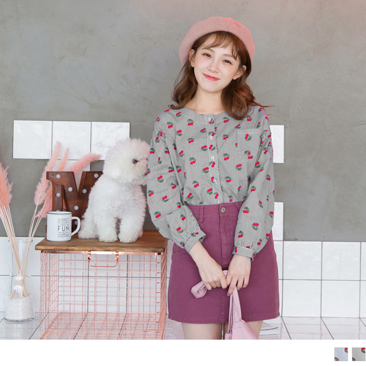 高含棉滿版櫻桃直條紋襯衫