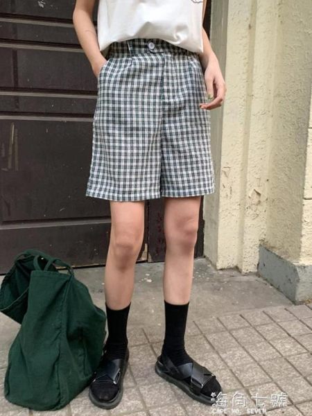 芝士兔自制 年早春韓版高腰格子顯瘦休閑百搭短褲學生女 海角七號