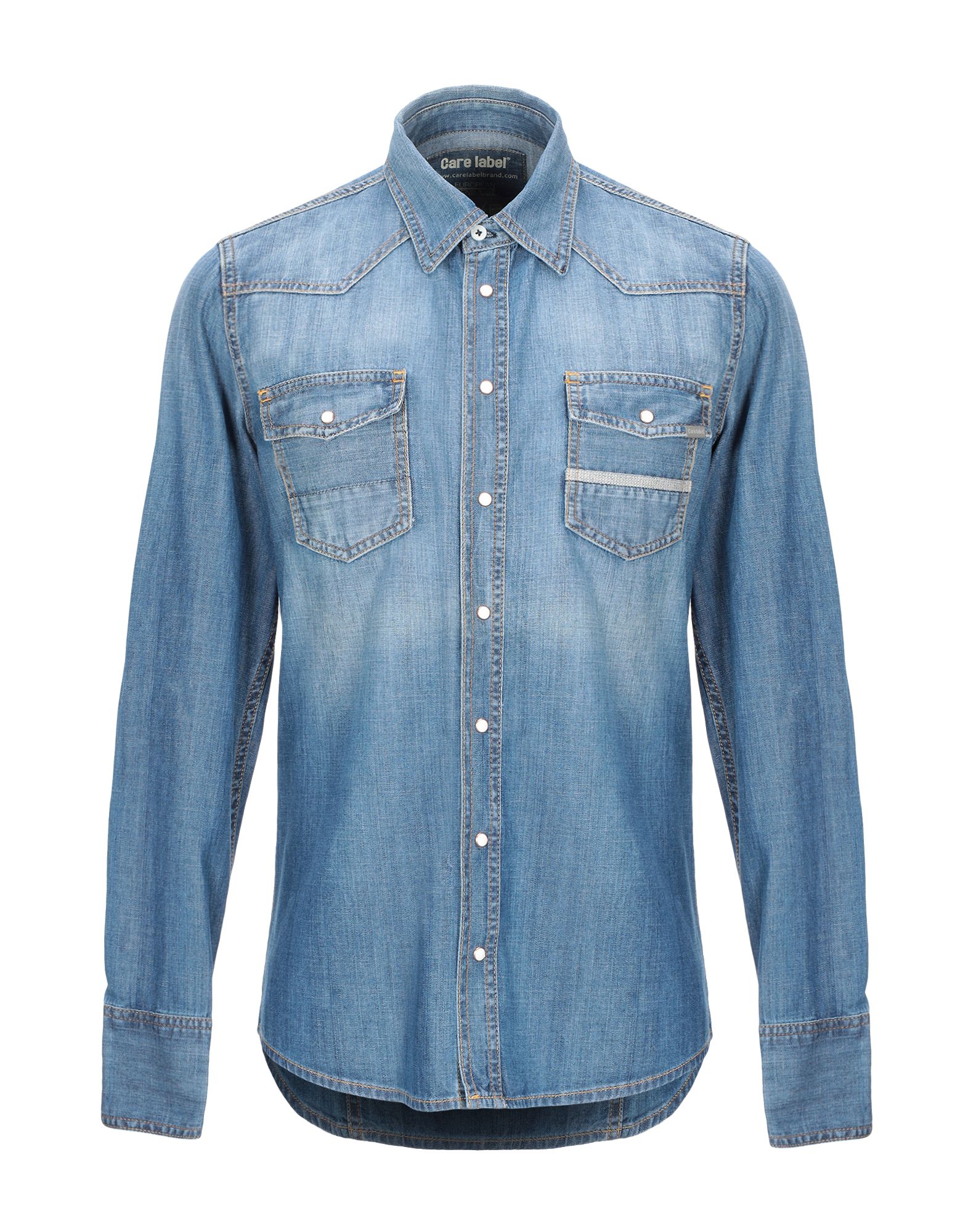 denim, faded, no appliqués, solid color, medium wash, long sleeves, classic neckline, snap button cu