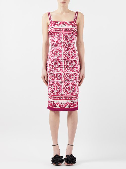 Dolce & Gabbana - Majolica-print Silk-blend Charmeuse Midi Dress - Womens - Pink White