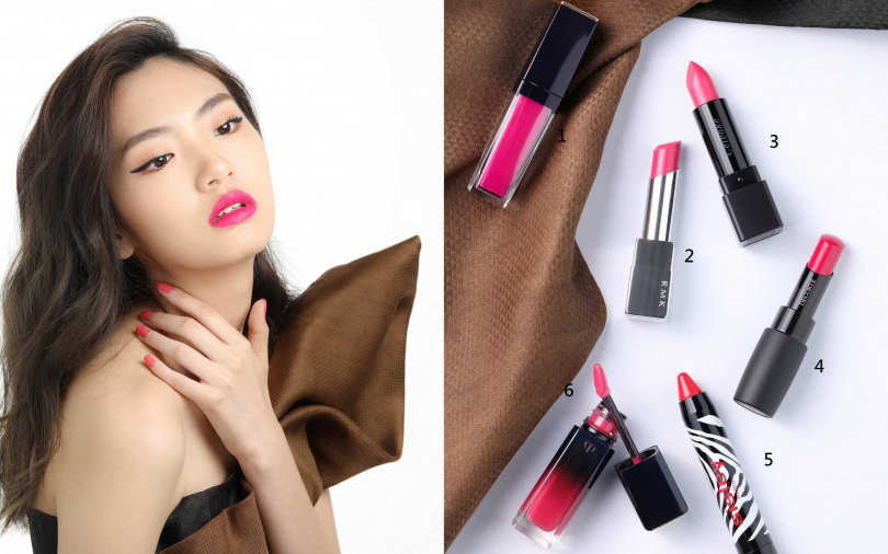 推薦的桃色唇彩是這些！1.ESTEE LAUDER絕對慾望絲絨唇露 #402／1,200元、2.RMK經典輕潤口紅<潤采> #04／1,350元、3.Celvoke玩色訂製唇膏 #31／1,150元、4.DECORTE原色光感唇膏#RO651／1,050元、5.sisley漾澤護唇精華筆 #13／1,380元、6.cle de peau奢華訂製釉光唇菁萃#6／1,600元（圖／時報周刊提供）