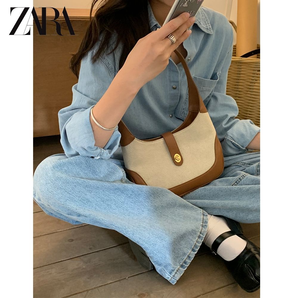 ZARA 腋下包女高級質感小眾單肩包2022新款帆布拼接復古手提包包