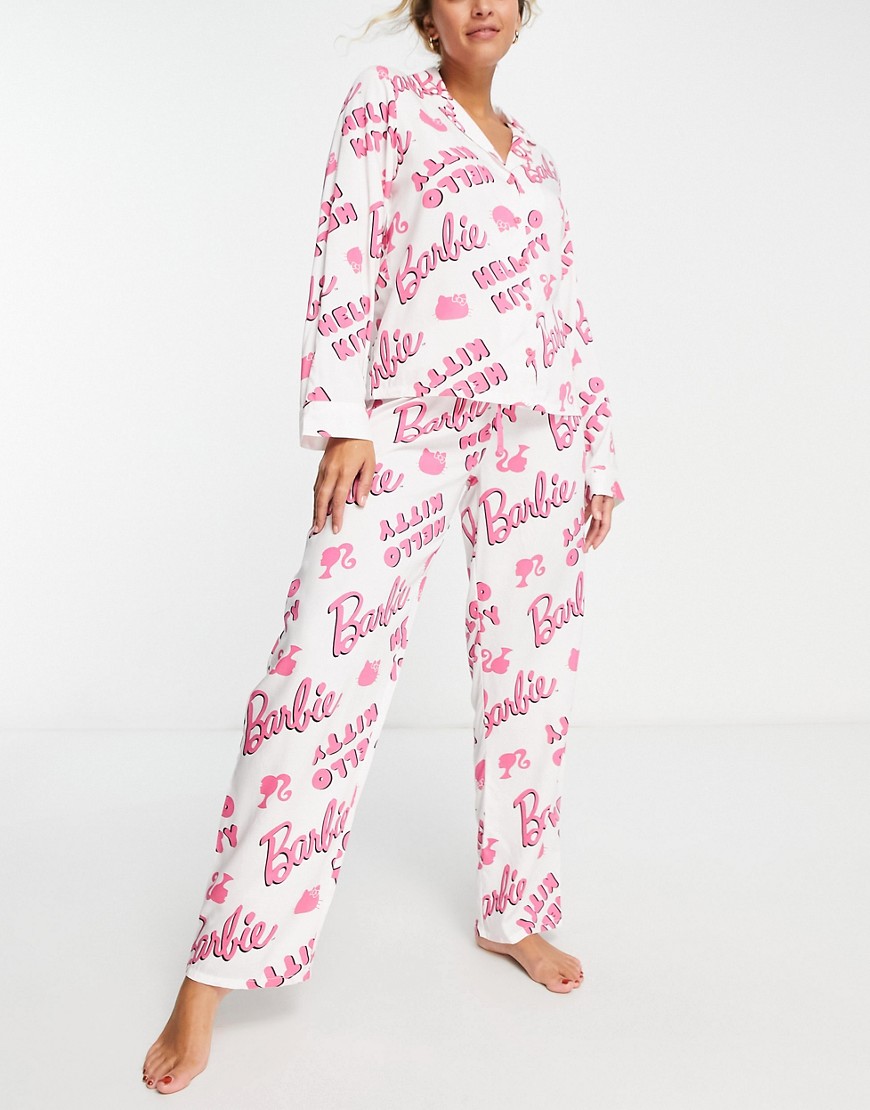 ASOS DESIGN Barbie x Hello Kitty modal shirt & trouser pyjama set in white & pink