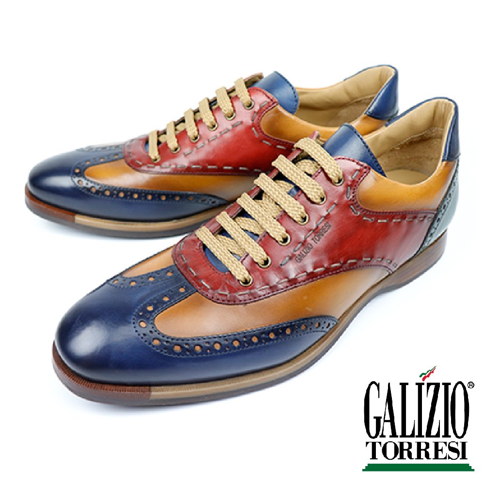 【GALIZIO TORRESI】義大利經典時尚翼紋雕花紳士休閒鞋 藍棕紅(318974A-BURE)