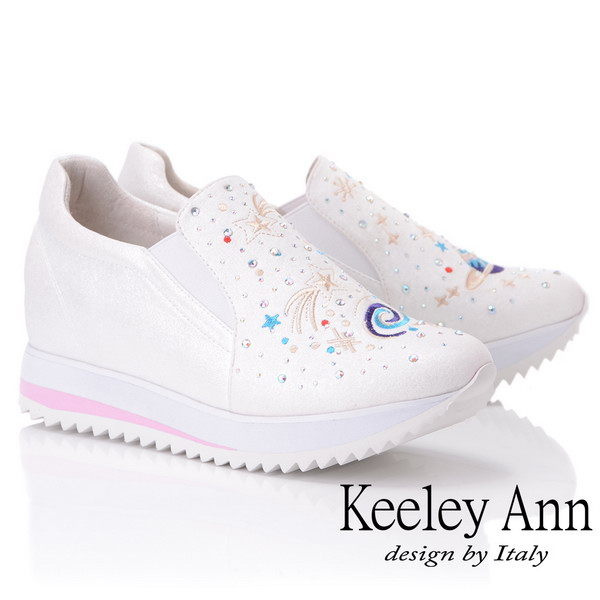 ★2019春夏★Keeley Ann墊起腳尖愛 宇宙電繡圖騰內增高休閒鞋(白色)-Ann系列