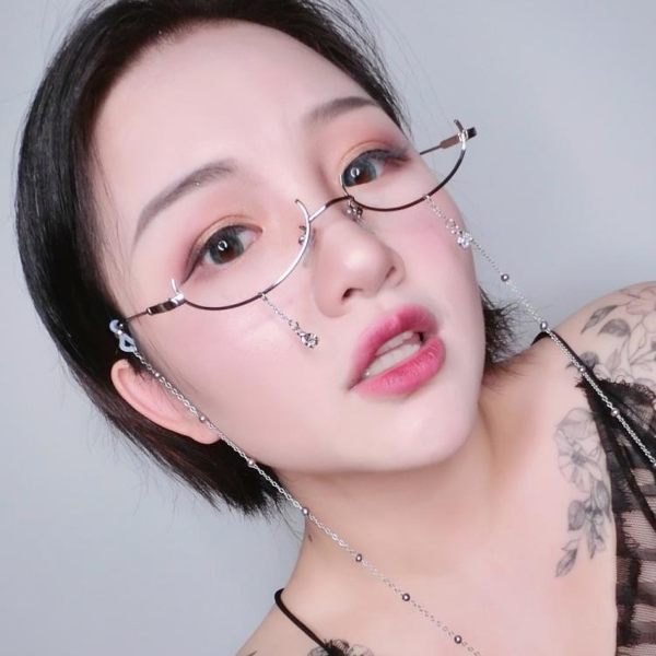 網紅款淚滴下半框直播吊墜眼鏡框女潮帶鍊條掛脖拍照裝飾眼睛