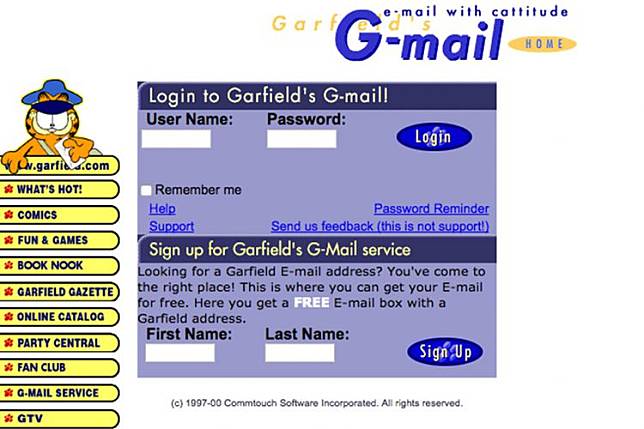 Screenshot layanan G-mail besutan Paws Inc tahun 1998, dari Internet Archive.(INTERNET ARCHIVE)