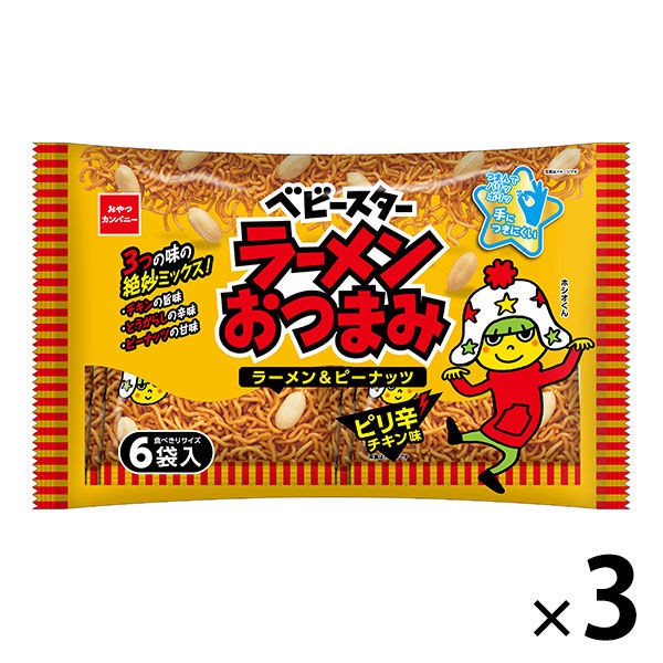 Baby Star的辣味雞汁點心麵加入花生、柿種化身為綜合辣味米菓一次可以同時享受3種不同口感內容量: 一袋6包商品重量: 約450g，3袋裝保證所有商品皆為100%正品。訂單成立後2~4個工作日經由