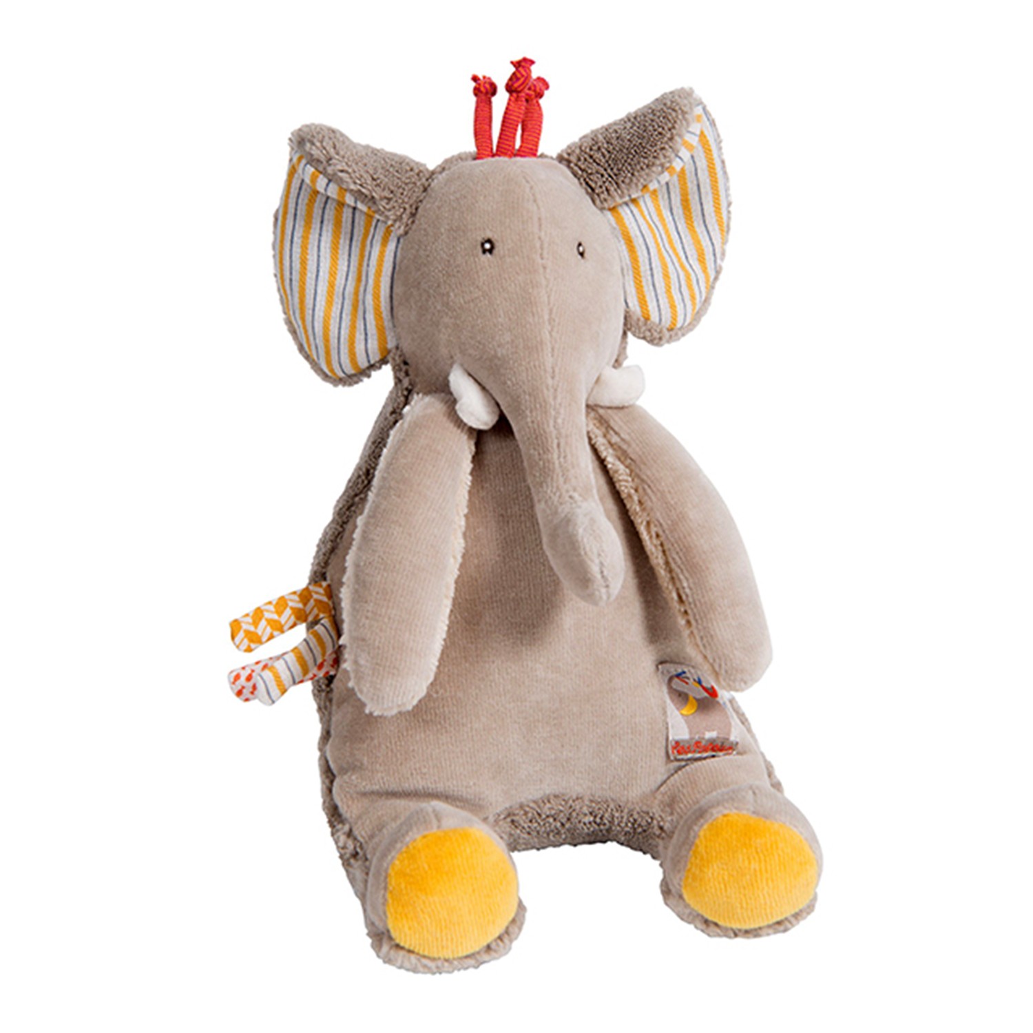 法國原創設計頂級兒童品牌，價格好親民。通過歐盟 CE 認證，優質安全！。Moulin Roty 童趣可愛的圖案設計，融入法式獨特風格，送禮自用兩相宜。這款音樂大象的天鵝絨海綿非常柔軟，搭配非常適合舒緩