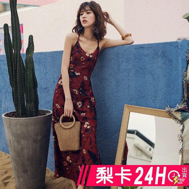 【現貨24H】梨卡 - 波西米亞泰國度假性感印花後綁帶露背洋裝連衣裙長洋裝連身長裙沙灘裙C6313