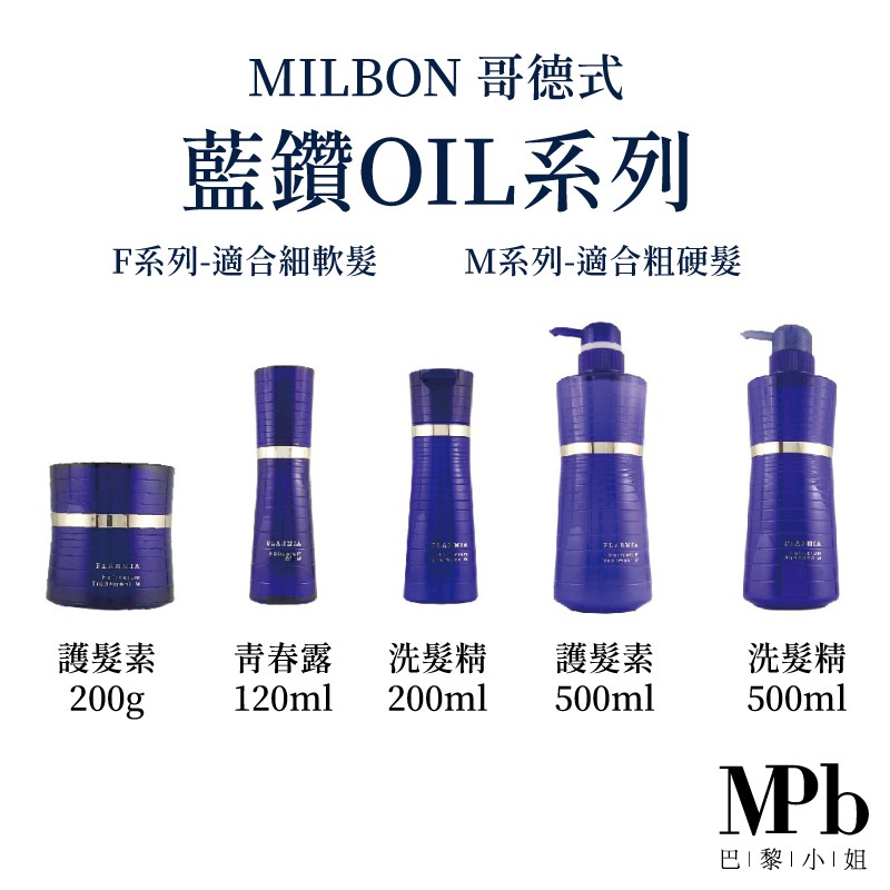 哥德式 Milbon★用途：洗髮精★容量：200g/500g★規格：標準★產地：台灣★製造日期：2018年★有效期限：2021年★貨源：全新原廠公司貨★使用方法：將產品取適量後抹勻在頭髮上，輕輕按摩頭